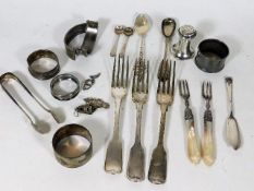 Three silver forks, a set of silver tongs & a quan