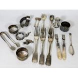 Three silver forks, a set of silver tongs & a quan