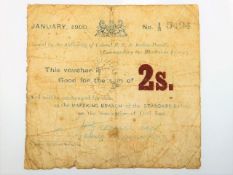 A Mafeking Branch two shilling note dated 1900 iss