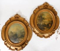 Two early 19thC. gilt framed oval landscape oils 7