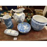 A quantity of blue & white pottery wares, some faults, twinned with a Murano glass decanter lacking