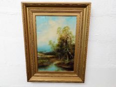 A gilt framed oil painting mounted behind glass of