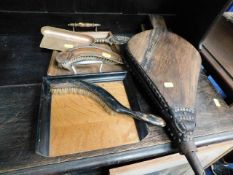 Two vintage crumb trays & a set of bellows