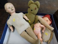 Two dolls, a toy bear & a headless doll, all a/f