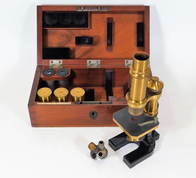 A cased Carl Zeiss brass microscope serial no. 810