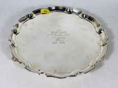 A silver footed salver inscribed for you two from