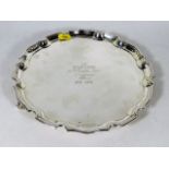 A silver footed salver inscribed for you two from