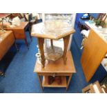 A carved table with organic leaf decor (some worm damage), a mahogany table, one small table & a sil