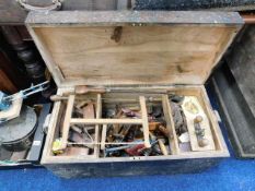 A large box of mixed carpentry tools including pla