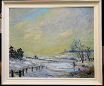 A J. Edwards oil on panel depicting winter scene,