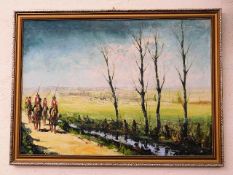 A framed oil painting of military on horseback, pr