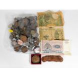 A bag of mixed coinage, three banknotes & other co
