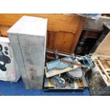 A carpenters tool box, a mitre saw & other items