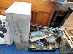 A carpenters tool box, a mitre saw & other items