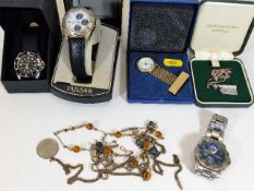 Four watches, a Cornish tin items & other costume