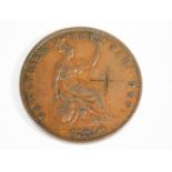 An 1858 British copper penny no WW with scratch ma