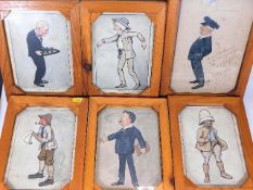 Six framed hand coloured sketches, bearing indisti