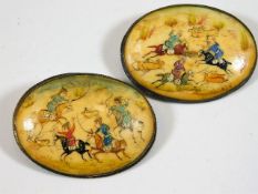 Two c.1900 brass mounted brooches with hand painte