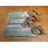 Three brass edged hand saws & a brass topped rosew