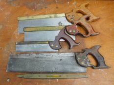 Three brass edged hand saws & a brass topped rosew