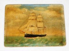 A small antique oil on card of galleon ship