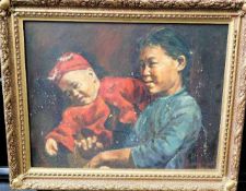 A 1960's Chinese oil on canvas, some loss to paint