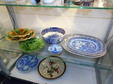 Three majolica dishes & five pieces of blue & whit