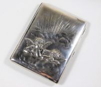 A silver cigarette box with relief cherub decor