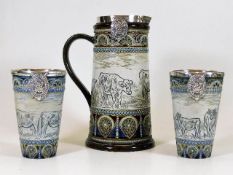 A good Hannah Barlow Doulton Lambeth silver mounted stoneware lemonade set depicting cattle comprisi