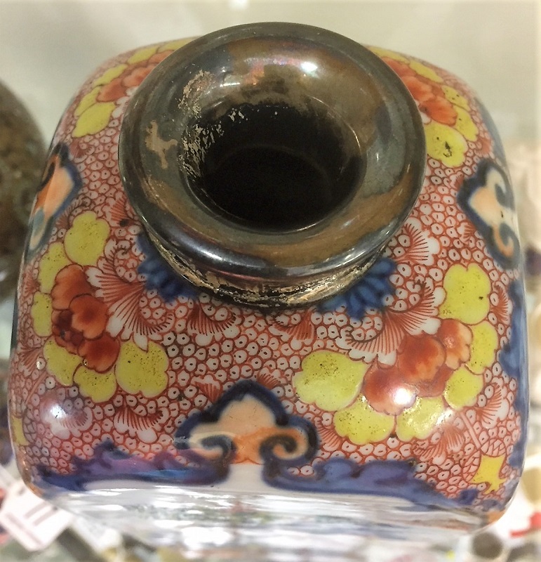 An 18thC. Chinese polychrome bottle vase with silver top 10.25in tall, no cracks or chips. Provenanc - Image 2 of 3