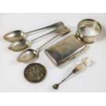 Three Georgian silver tea spoons, a silver crown a