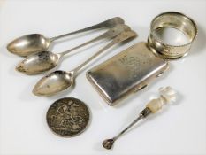 Three Georgian silver tea spoons, a silver crown a
