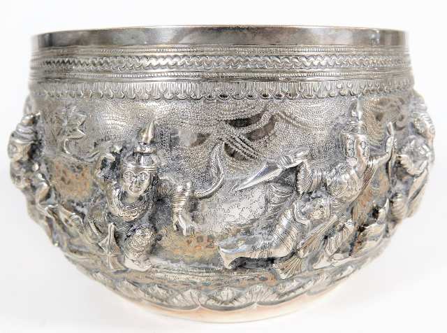 A 19thC. Burmese silver bowl profusely decorated w