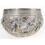 A 19thC. Burmese silver bowl profusely decorated w