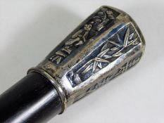 A hardwood walking cane with marked Chinese silver