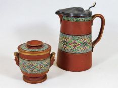 A Prattware terracotta lidded jug twinned with a s