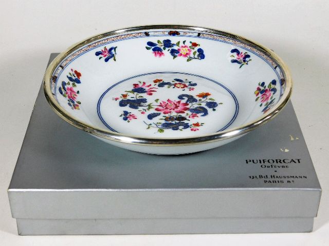 A boxed Limoges porcelain dish with Puiforcat silv