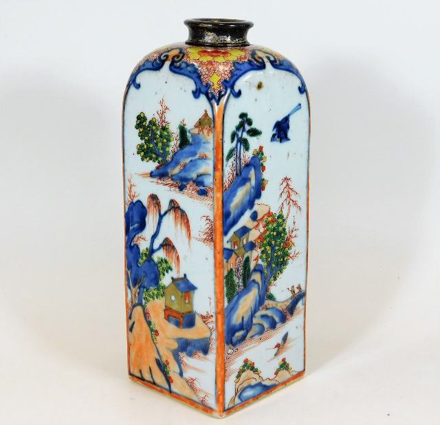 An 18thC. Chinese polychrome bottle vase with silver top 10.25in tall, no cracks or chips. Provenanc