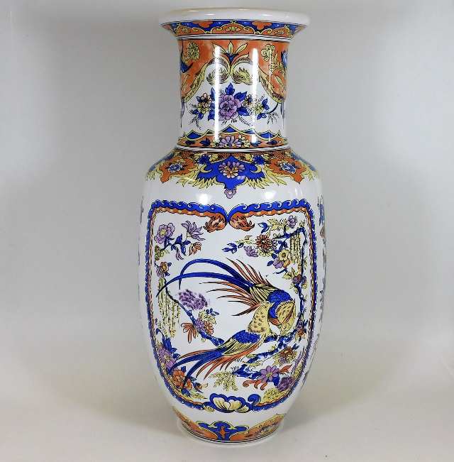 A large French faience vase with bird & floral dec