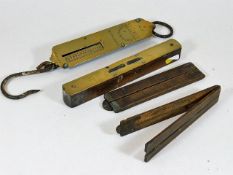 A Salter scale, a Victorian brass topped level & t