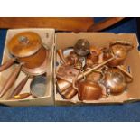 Two boxes of copper ware including kettles