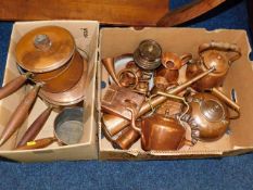 Two boxes of copper ware including kettles