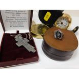 A cased travel alarm clock & other sundry items