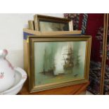 Five framed original oil paintings of galleon type ships signed by Barry Hilton & a small quantity o