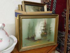 Five framed original oil paintings of galleon type ships signed by Barry Hilton & a small quantity o