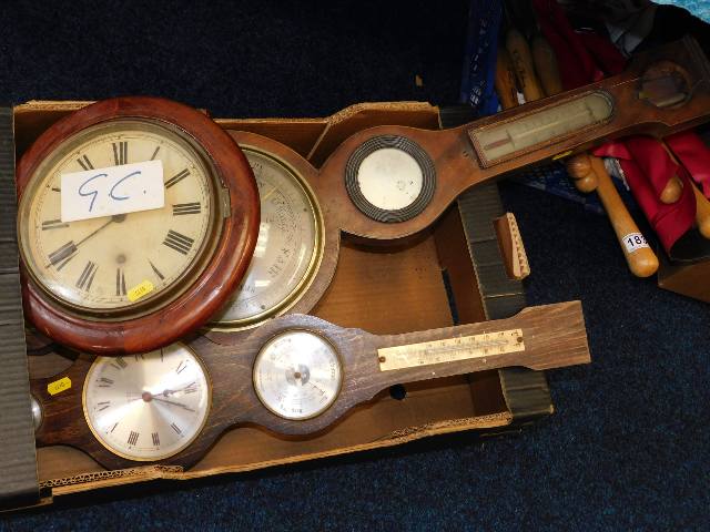 An antique school clock & two barometers, all a/f