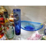 A Whitefriars style blue retro glass bowl, a blue