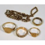 Two 9ct gold signet rings, a 9ct gold chain & two