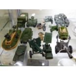 A quantity of vintage diecast military toys includ