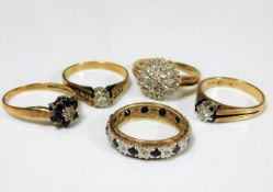 Five 9ct gold ladies rings set with diamonds & sap